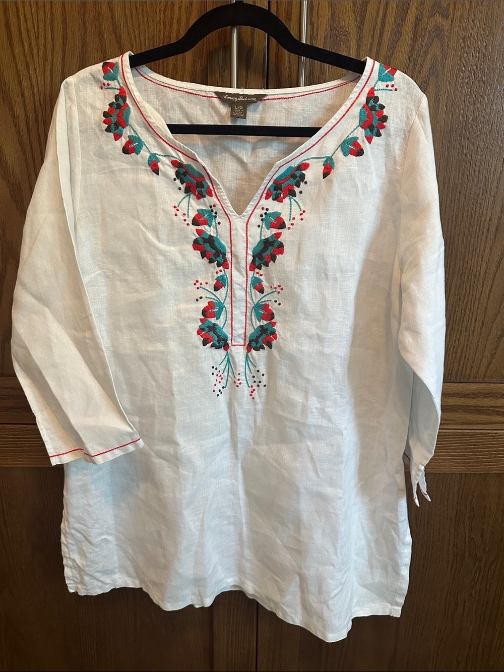 Tommy Bahama White Linen Tunic with Red & Teal Embroidery